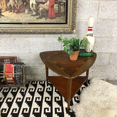 LOCAL PICKUP ONLY Vintage Lane Triangle End Table Retro 1960s Guitar Pick Shape Dark Brown Wood Triangular Corner or Coffee Table with Shelf 