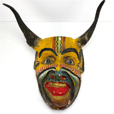 Vintage Folk Art Wood Mask Devil Diablo Mexico Handmade Wooden Demon Cultural 