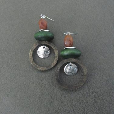 Wooden hoop earrings, mid century modern earrings, rustic bohemian boho earrings, bold statement, unique ethnic earrings, silver and green 