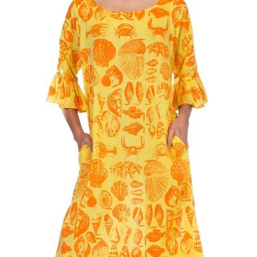1970S Yellow &amp; Orange Cotton Blend Bright Seaside Seashell Print Dress 