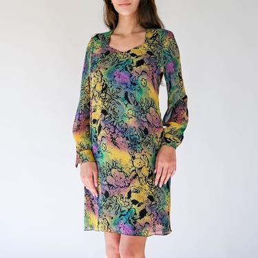 Vintage 80s Lihili New York for Nina Raynor Electric Floral Silk Shift Dress | Made in USA | 100% Silk | 1980s Designer Bohemian Dress 