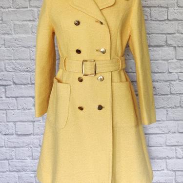 60s 70s Yellow Wool Peacoat // Buttons and Belt with Big Pockets 