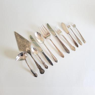 Vintage Silverplate Serving Utensils Set, 11 Pieces of Antique Silverware in Mixed Patterns 