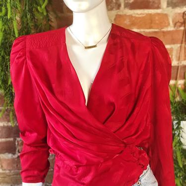 Vintage 1970s 1980s Satin Puff Sleeve Blouse V-neck Plunging Neckline Wrap Pleated Side Button Cropped Petite Peplum Long Sleeve Red Shirt 