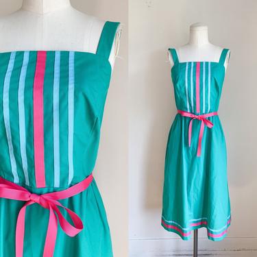 Vintage 1980s Green & Pink Ribbon Striped Sundress / XS 