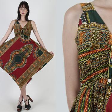 Tribal Dashiki Scarf Dress / Hi Lo Asym Hemline / Vintage 70s Ethnic Floral Dress / Deep V Neck Sweeping Hanky Hem Midi Mini Dress 