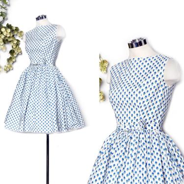 Vintage Dress, 1950's Blue &amp; White Print Cotton Dress, Fit and Flare Full Skirt, Pinup Rockabilly style, Size Small, 60's, 50's 
