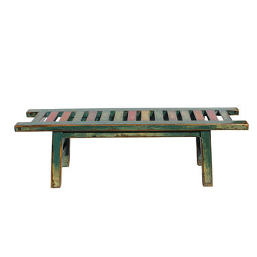 Oriental Distressed Teal Blue Multi-Color Long Wood Bench Stool cs4367E 