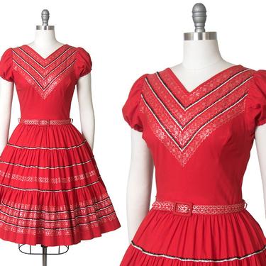 Vintage 1970s Dress | 70s does 1950s Fiesta Dress Red Cotton Southwestern Square Dance Swing Day Dress (small/medium) 