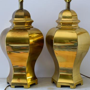 Vintage Pair of Matching 6 Sided Brass Lamps 
