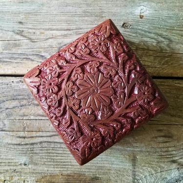 Indian Wood Carved 4x4&quot; Square Box w/ Lid for Small Jewelry, Ring, Crystal, Stash Box for Storage Hippie Bohemian Home Decor Floral Rosewood 