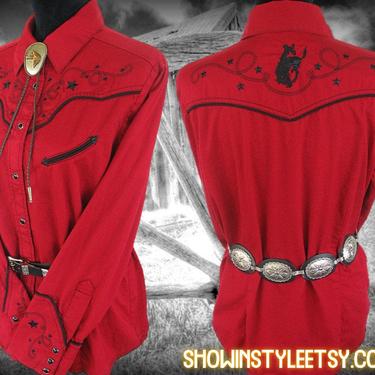 Pendleton Vintage Retro Western Women's Cowgirl Shirt, True Red with Black Piping & Black Embroidery, Tag Size Large (see meas. photo) 