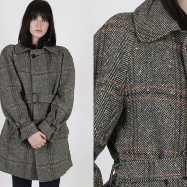 Vintage 60s Pendleton Hunting Jacket / Grey Wool Herringbone Plaid Coat / Mens Matching Belted Waist Cuffs Chore Jacket 