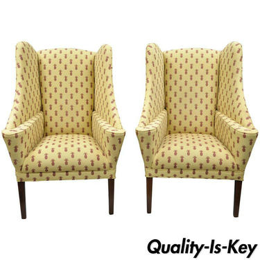 Pair of Oversized Custom Wingback Chairs with Pineapple Printed Yellow Fabric