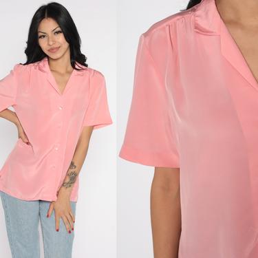 Silky Pink Shirt -- Vintage 80s Button Up Shirt Retro Blouse 1980s Short Sleeve Plain Silky Basic Blouse Medium Large 