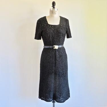Vintage 1940's 50's Black Rayon Ribbon Knit Dress Crochet with Slip Belt 30.5&amp;quot; Waist Medium 