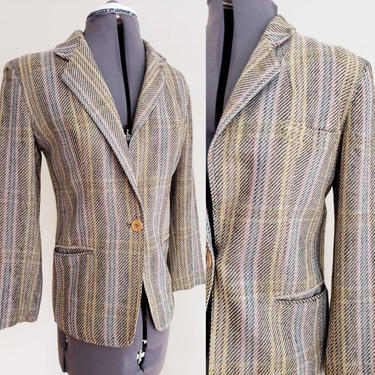 1980s Armani Blazer Gray Brown Plaid Tweed / 80s Designer Wool Blazer / Small / Erika 