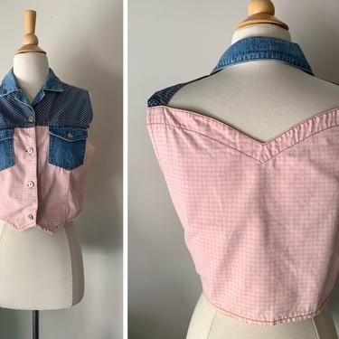 Vintage 1990s Pink and Blue Denim Cutout Open Back Heart Gingham Vest Sleeveless Blouse | Size Medium 