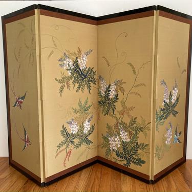 Vintage Byobu Asian 4 Panel Folding Silk Screen with Floral Design 