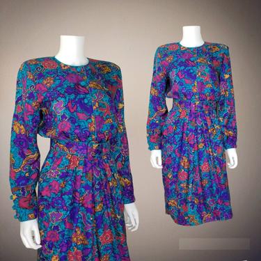 Vintage Floral Silk Dress, Small / Multicolor 1980s Silky Cocktail Dress / Long Sleeve Belted Shirt Dress with Pleated Midi Skirt 