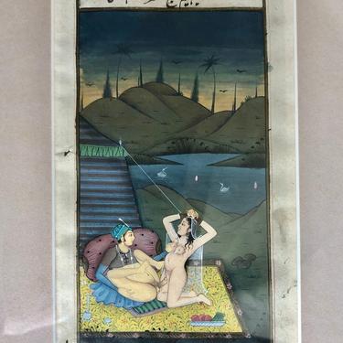 Antique Erotic Mughal Badshah Painting and Calligraphy Framed Two Sided Free Shipping 