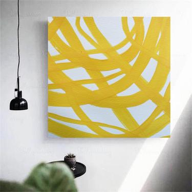 Yellow Sunrays Canvas Painting Large 36&quot;x36&quot; Abstract Minimalist Modern Original Contemporary Artwork Commission ArtbyDinaD by Art