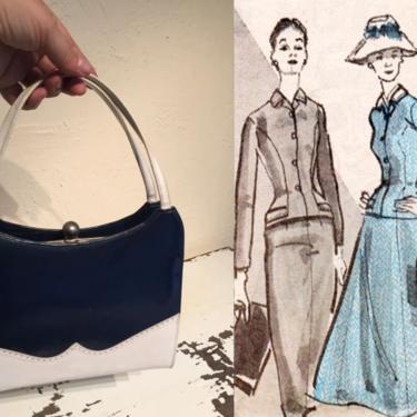 WingTip Blues - Vintage 1950s 1960s Navy & White Simulated Leather Vinyl Spectator Handbag Purse 
