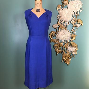 1950s sheath dress, vintage 50s dress, blue linen dress, carlye, size medium, wiggle dress, sleeveless, classic day dress, 27 waist, pin up 