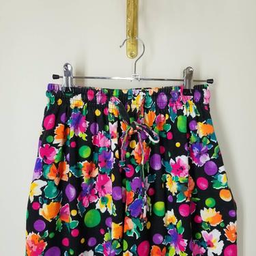 Vintage 80s Drawstring Pants, Small Medium / 1980s Bright Floral Baggy Pants / Elastic Waist Lounge Pants / Casual Tapered Break Dance Pants 