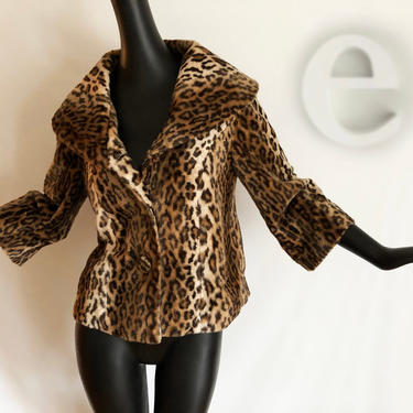 Rockabilly Leopard Faux Fur Jacket | Vintage 90s does 50s Pin Up Bombshell Mad Men Swing Coat | Cheetah Animal Print with Shawl Collar | Med 