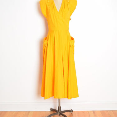 vintage 80s dress yellow cutout caplet cotton full midi sun dress M L clothing 