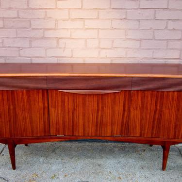 Vintage MCM Danish Modern Rosewood and Ribbon Mahogany Curved Credenza Sideboard or Bar and Liquor Cabinet 