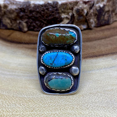 THREE'S A CROWD Vintage Silver & Turquoise Ring | Vintage Multi Stone Shallow Shadow Box | Native American Navajo Jewelry | Size 10 1/2 