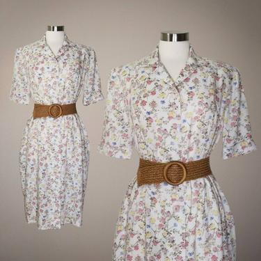 Vintage 90s Floral Button Dress, Extra Large / Rayon Shirt Dress / French Market Dress / Short Sleeve Summer Dress / 40s Style Midi Dress 