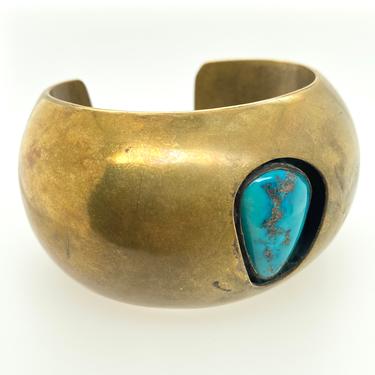 Vintage Artisan C. Griego Brass Turquoise Cuff Bracelet Shadowbox Boho Modernist 