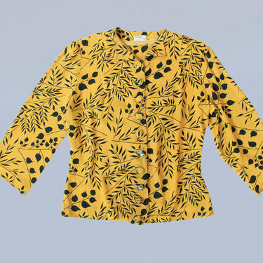 1940s Blouse / 40s Printed Rayon Crepe Jacket or Top / Black and Yellow Leaves / Button Up 