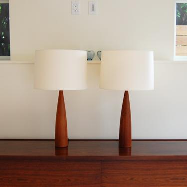 Danish Modern Pair of Tapered Solid Teak Table Lamps with New Dimmable Sockets and Switches Antique Brass Color Cords and Shades 