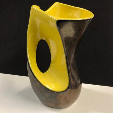 Vintage Ceramidi Ceramic Vase 9”H Mid Century Modern Vallauris France Yellow and Metallic Grey 