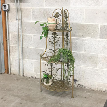 Vintage Plant Stand Retro 1980s Gold Metal + Corner Frame + 3 Open Tiers + Flower Trim + Shelving Unit + Home Decor and Furniture 