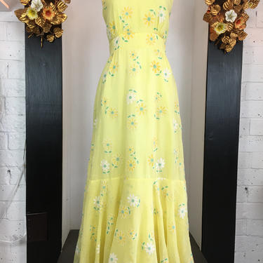 1970s halter dress, vintage maxi dress, yellow floral dress, size medium, bohemian dress, 70s hippie dress, flocked flower print, 29 waist 