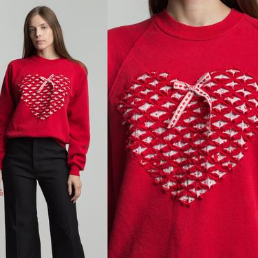 80s Red Heart Sweatshirt - Large | Vintage Cute Raglan Sleeve Pullover 