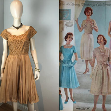 Cafe Americano Gala - Vintage 1960s Caramel Beige Lace & Chiffon Party Cocktail Wedding Party Dress 