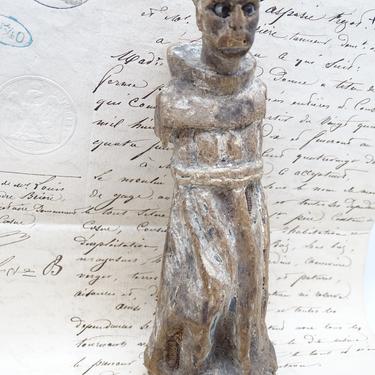 Small Antique 1800's Hand Carved Santos with Glass Eyes, Saint Francis of Assissi, Vintage Religious Carving, Church Statue 