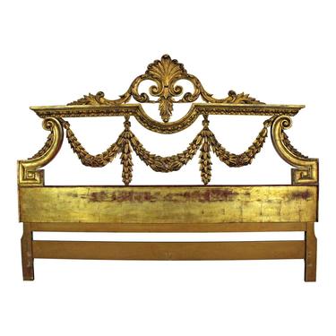 Vintage Louis XV Style French Gold Gilt Carved Fleur-De-Lis King Size Headboard 
