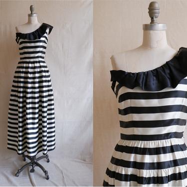 Vintage 80s AJ Bari Striped Satin One Shoulder Gown/ 1980s Black White Tiered Formal Dress/ Size XS 25 