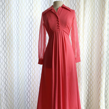 Vintage 70s pink maxi shirt dress/ sheer chiffon sleeves/ cerise fuchsia rose gown 