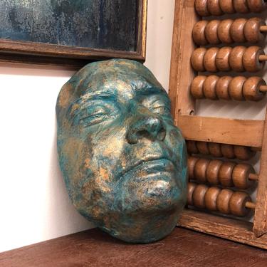 Handmade Calm Resting Face Casting Mask Ceramic Faux Copper Finish Gold Metallic Teal Sculpture Decor Art Portrait Profile 
