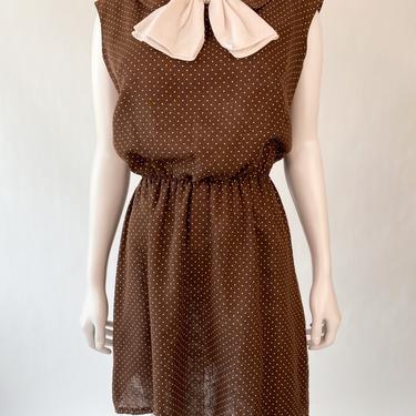 Brown Swiss Dot 1960's Mini Dress w/ Bow Detail