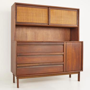 Lawrence Peabody Mid Century Walnut and Cane Buffet Sideboard Credenza and Hutch - mcm 