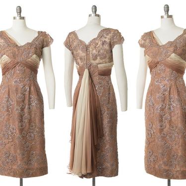 Vintage 1950s Dress | 50s Silk Chiffon Train Iridescent Floral Lace Wiggle Sheath Formal Cocktail Dress (medium) 